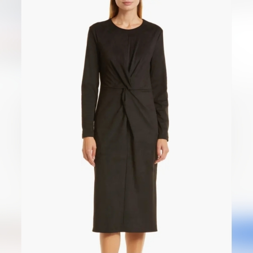 Donna Karan Black Label Velvety Long Sleeve Sheath Dress, twist front, back zip